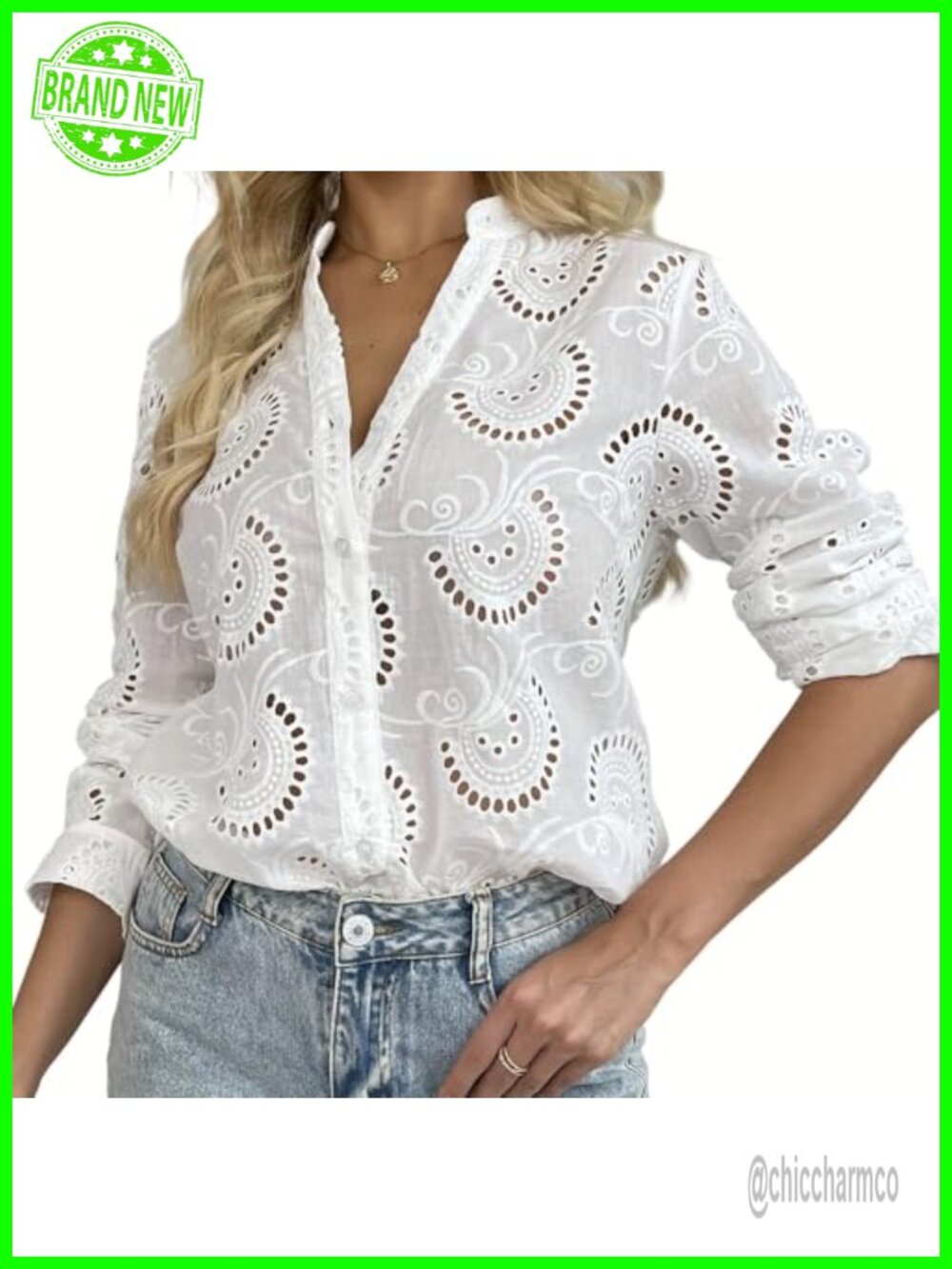 Eyelet Lace Button Down Shirt V Neck Long Sleeve Western Top